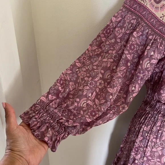 Spell Dahlia Tiered Midi Peasant Dress in Mulberry Pink/Purple Floral, Small EUC - Picture 7 of 16